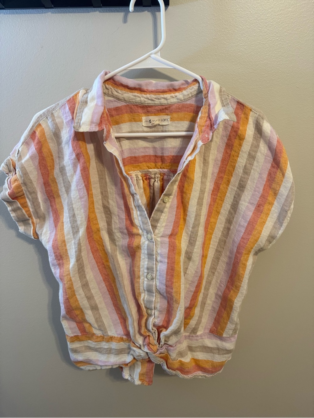 LOFT Pink & Orange Striped Tie-Front Women's Button Shirt